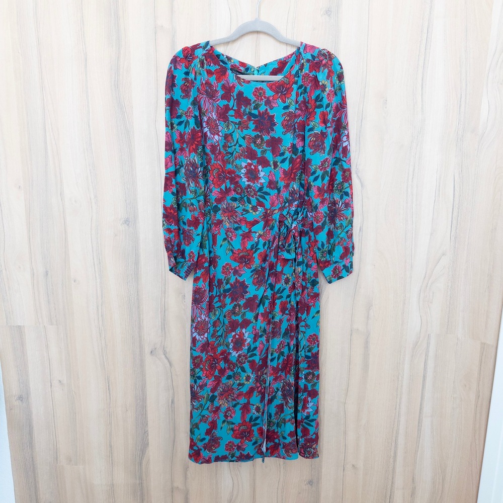 Talbots Floral Midi Wrap Dress 4 Teal Red Long Sleeve Cottage Romantic Retro